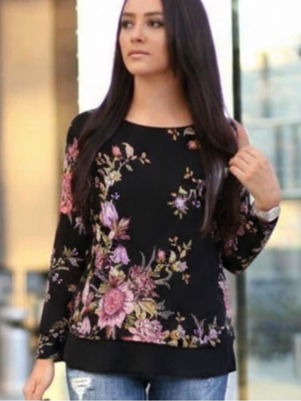 PER UNA Marks Spencer Black Pink Floral Sequin Mesh Hem Tunic Top US 8 M - Picture 3 of 14
